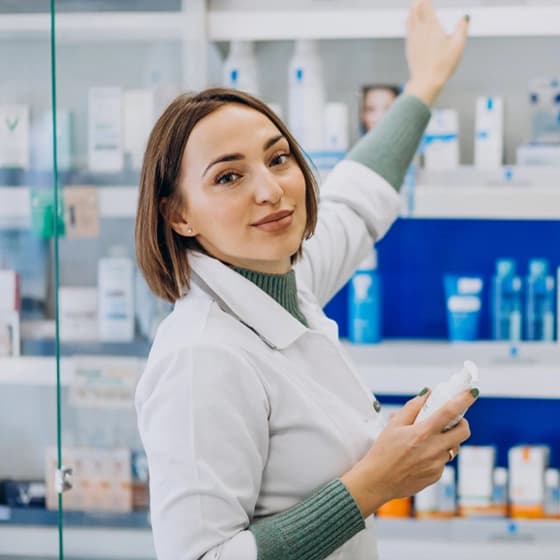 Farmacêutica com medicamentos